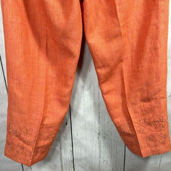 Olsen Sport 100% Linen Embroidered Crop Pants Orange Size 10 Boho Coastal Resort - Picture 12 of 16